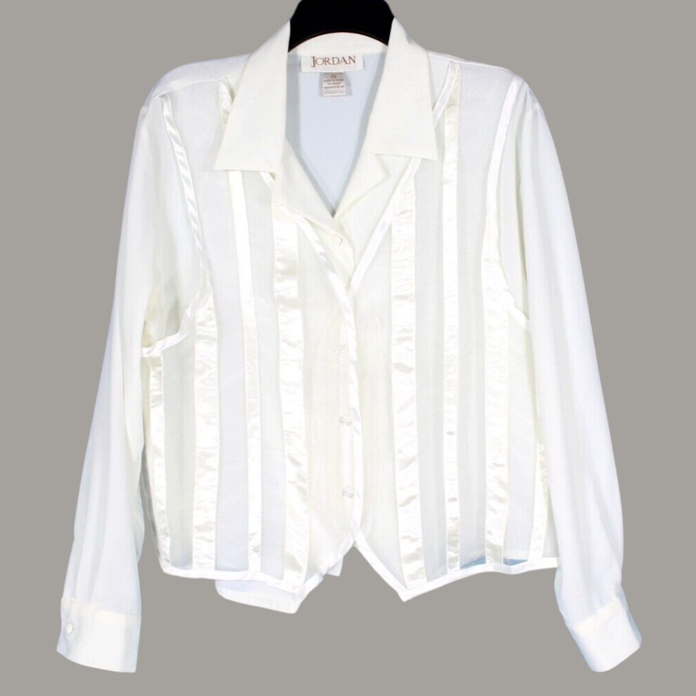VTG JORDAN Satin & Chiffon Stripes SECRETARY Vest Front Overlay BLOUSE/TOP Sz 14